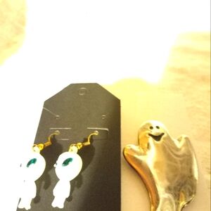 Used,not new child's Halloween  plastic ghost  earrings  and metal ghost pin.
